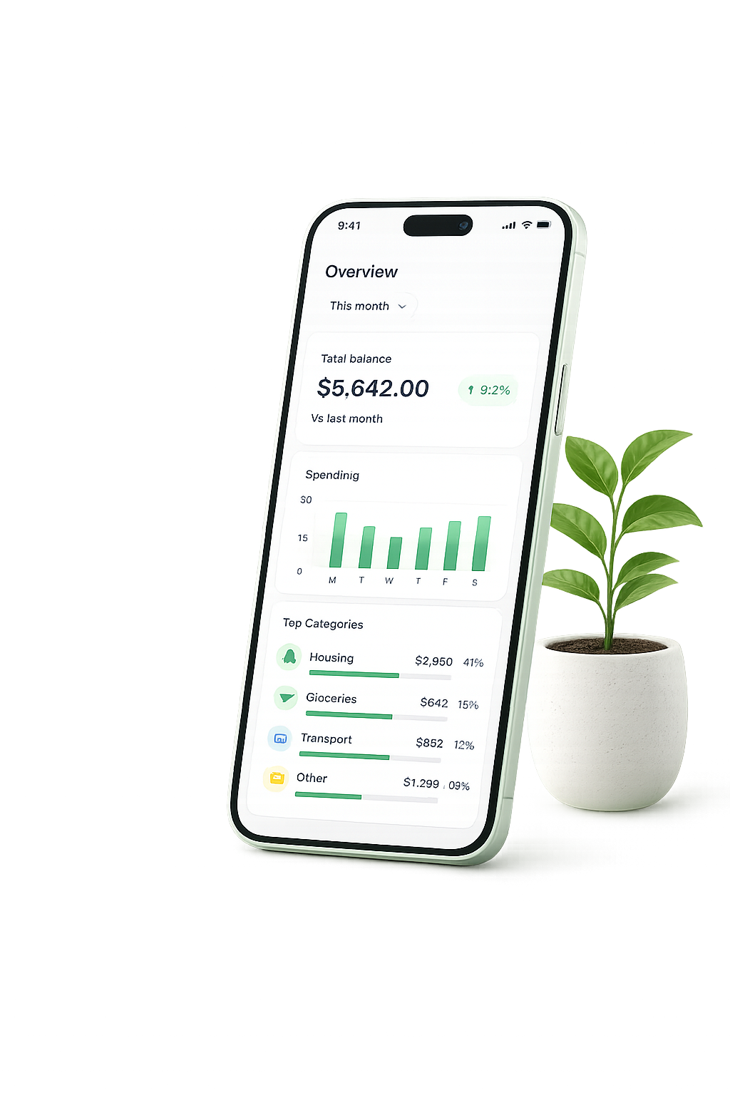 Phone showing a Numio budgeting dashboard beside a potted plant.