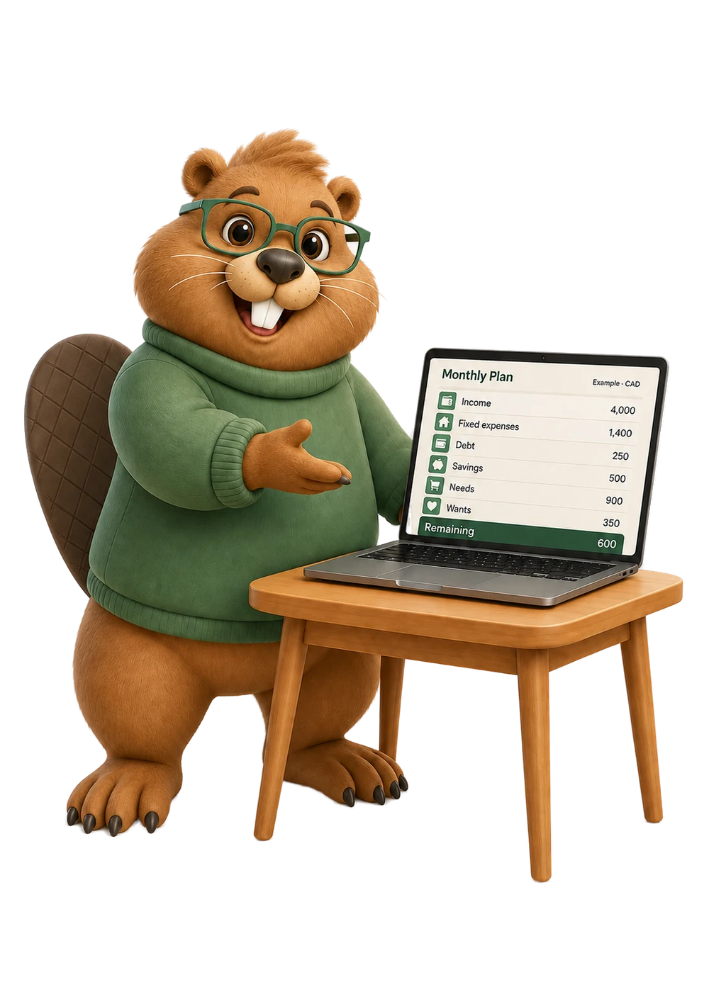 Numio beaver presenting a household Monthly Plan on a laptop.